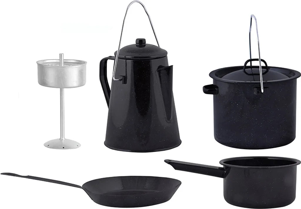  Esschert Design Outdoor Kochset - 4 Teilig (Bratpfanne ø 25.4 Cm, Topf Mit Griff 1,9 L. ø 18,4 Cm, Topf Mit Henkel 3,3 L. ø 19 Cm, Kaffekanne 1,9 L. (für 8 Tassen) ø 16 Cm); FF215