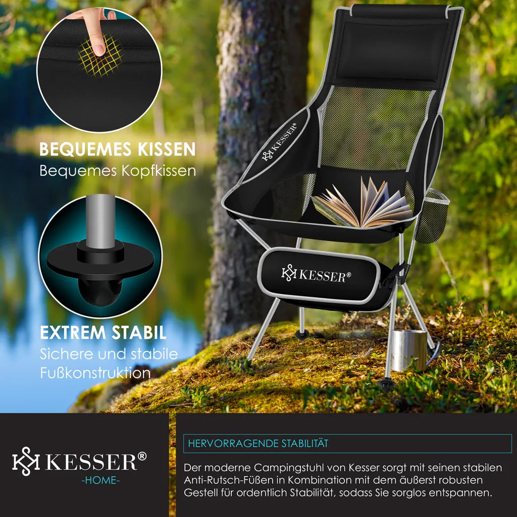  KESSER® Campingstuhl Faltbar Klappbar Mit Hoher Rückenlehne Tragbar Angelstuhl Camping Stuhl Faltstuhl Bis 120 Kg Strandstuhl Angelstuhl Klapphocker Mit Getränkehalter Outdoor Stuhl, Farbe:Schwarz / Grau