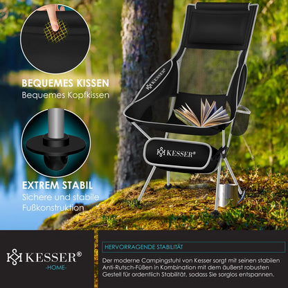  KESSER® Campingstuhl Faltbar Klappbar Mit Hoher Rückenlehne Tragbar Angelstuhl Camping Stuhl Faltstuhl Bis 120 Kg Strandstuhl Angelstuhl Klapphocker Mit Getränkehalter Outdoor Stuhl, Farbe:Schwarz / Grau