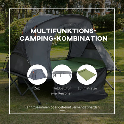  Outsunny Campingbett Mit Zelt Erhöhtes Feldbett Für 2 Person Kuppelzelt Mit Luftmatratze Inkl. Tragetasche Grau 200 X 146 X 159 Cm