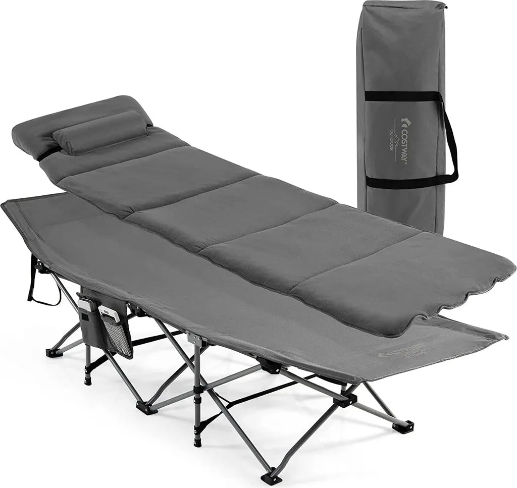  COSTWAY Feldbett Klappbar 190x67x53cm Campingbett Bis 150 Kg Belastbar Klappbett Mit Matratze, Kissen & Seitentasche, Tragbares Campingliege Inkl. Tragetasche Für Camping & Strand Grau