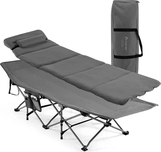  COSTWAY Feldbett Klappbar 190x67x53cm Campingbett Bis 150 Kg Belastbar Klappbett Mit Matratze, Kissen & Seitentasche, Tragbares Campingliege Inkl. Tragetasche Für Camping & Strand Grau