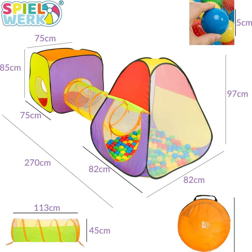  Spielwerk Spielzelt 3-teilig Pop Up Funktion Inkl. 200 Bälle Tragetasche Kinderzimmer Kinder Bällebad Spielhaus Krabbeltunnel Tipi