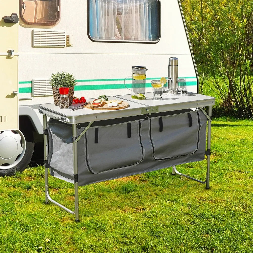  Höhenverstellbarer, Klappbarer Campingtisch Mit Arbeitsflächen Und Stauraum Tisch Camping