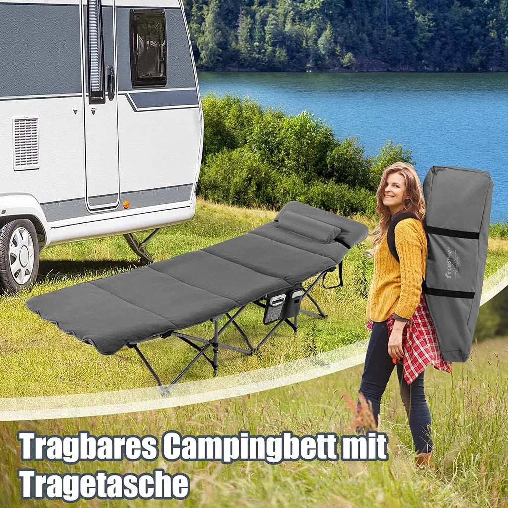  COSTWAY Feldbett Klappbar 190x67x53cm Campingbett Bis 150 Kg Belastbar Klappbett Mit Matratze, Kissen & Seitentasche, Tragbares Campingliege Inkl. Tragetasche Für Camping & Strand Grau