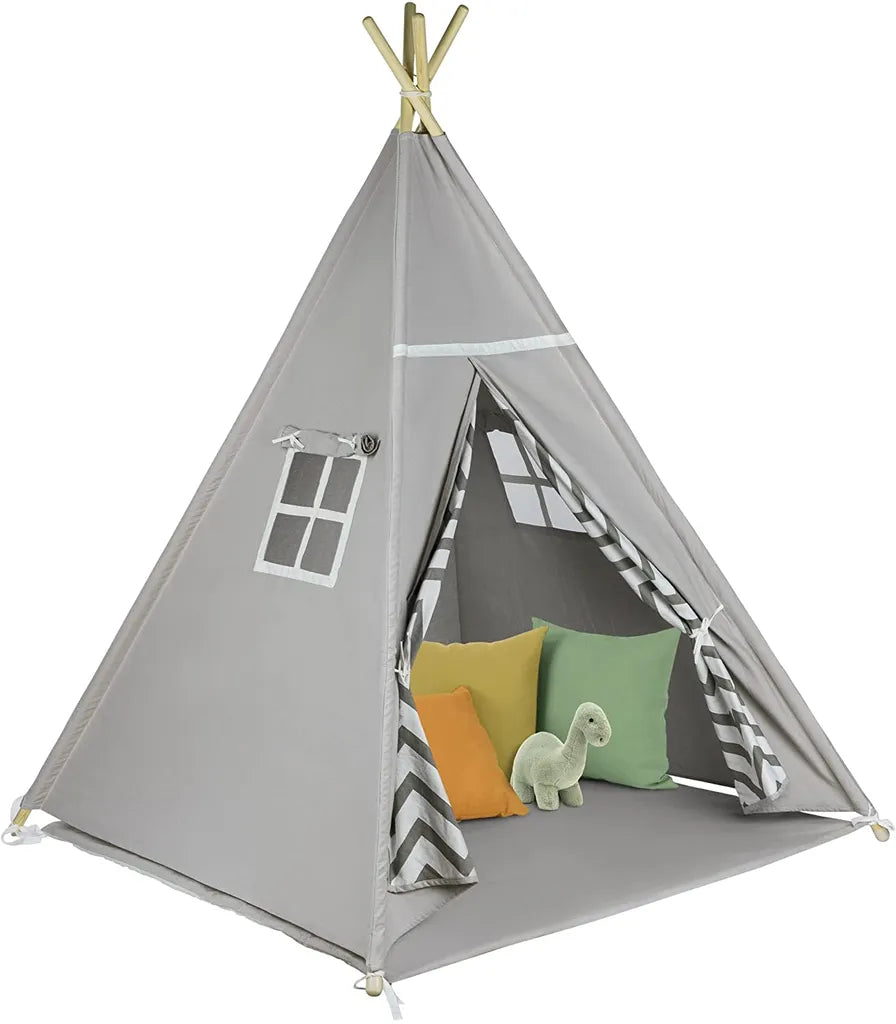  ONVAYA® Tipi Kinderzelt | Spielzelt Für Kinderzimmer & Garten | Tipi-Zelt Für Kinder | Mit Gemütlicher Bodenmatte | Indoor & Outdoor | Aus Holz & Baumwolle | Grau