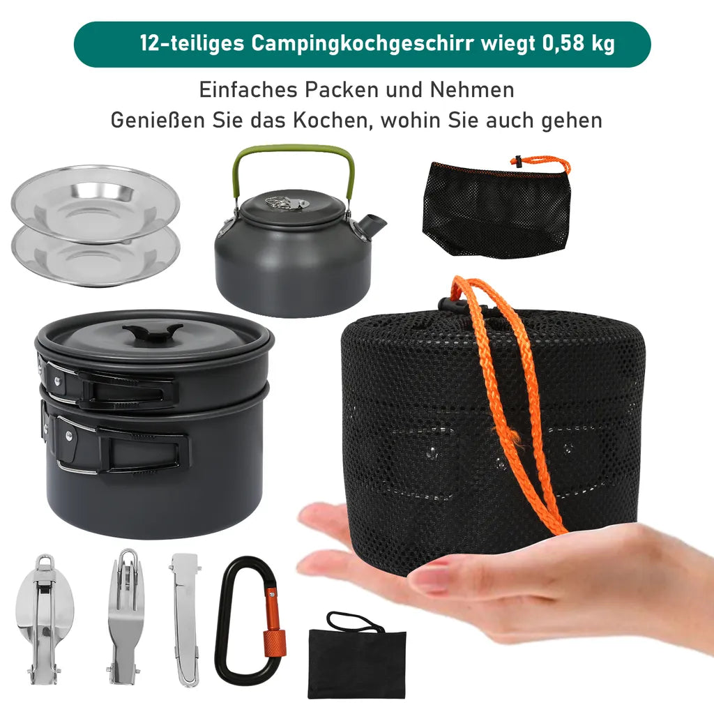  EINFEBEN 12x Camping Kochgeschirr Campinggeschirre 2-3Person Faltbare Wasserflasche 800ml Löffel Kochset