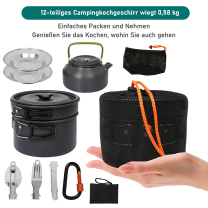  EINFEBEN 12x Camping Kochgeschirr Campinggeschirre 2-3Person Faltbare Wasserflasche 800ml Löffel Kochset