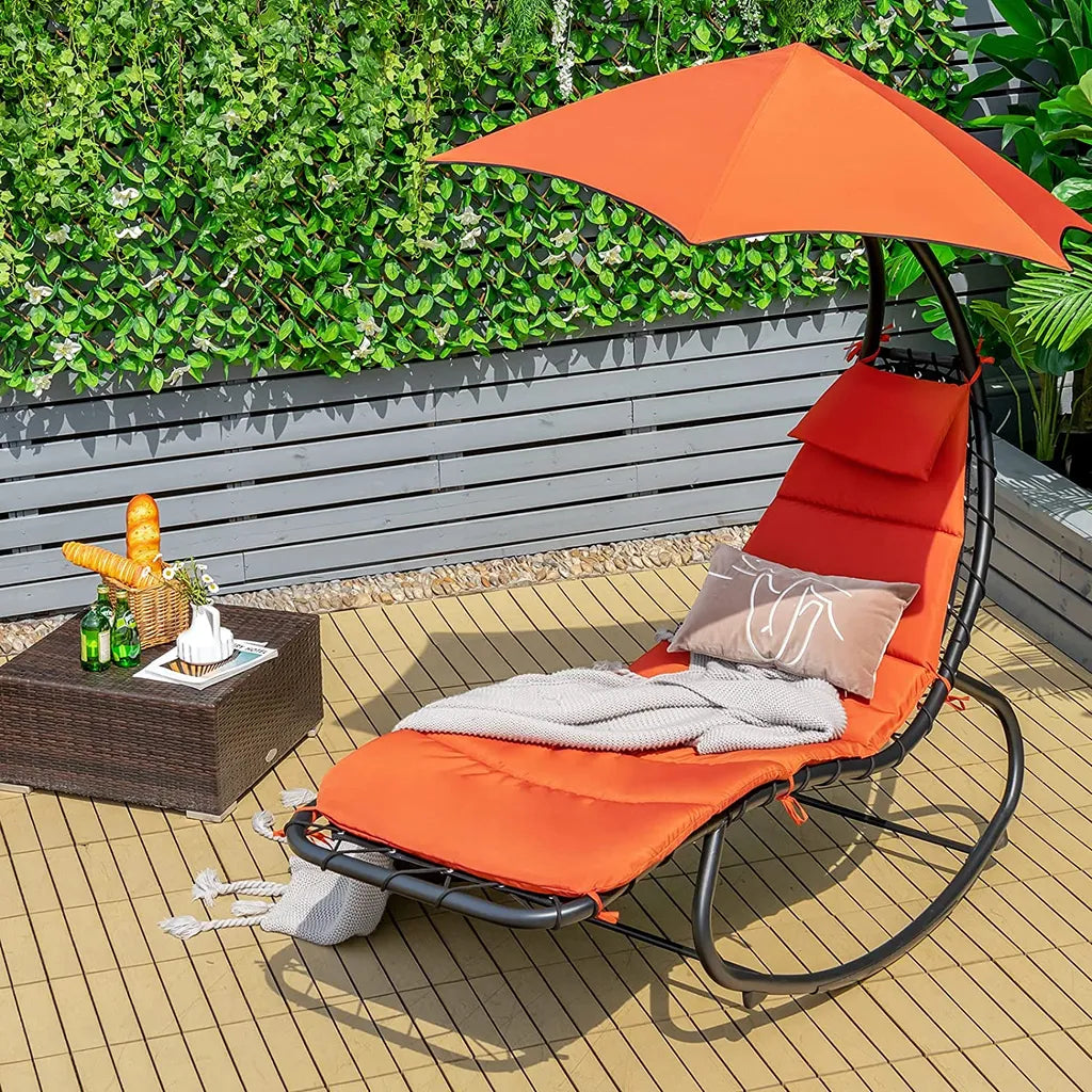  COSTWAY Hängeliege Schwebeliege Mit Sonnenschirm Und Auflage, Sonnenliege Relaxliege Bis 150kg Belastbar, Schaukelliege Für Balkon, Pool, Garten (Orange)