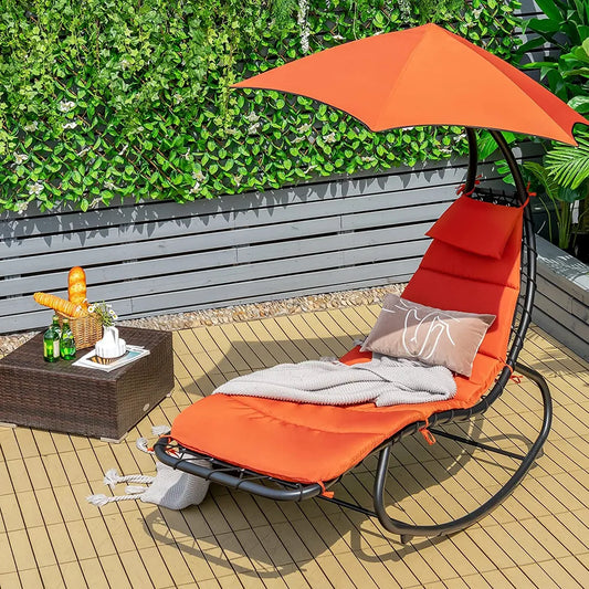 COSTWAY Hängeliege Schwebeliege Mit Sonnenschirm Und Auflage, Sonnenliege Relaxliege Bis 150kg Belastbar, Schaukelliege Für Balkon, Pool, Garten (Orange)