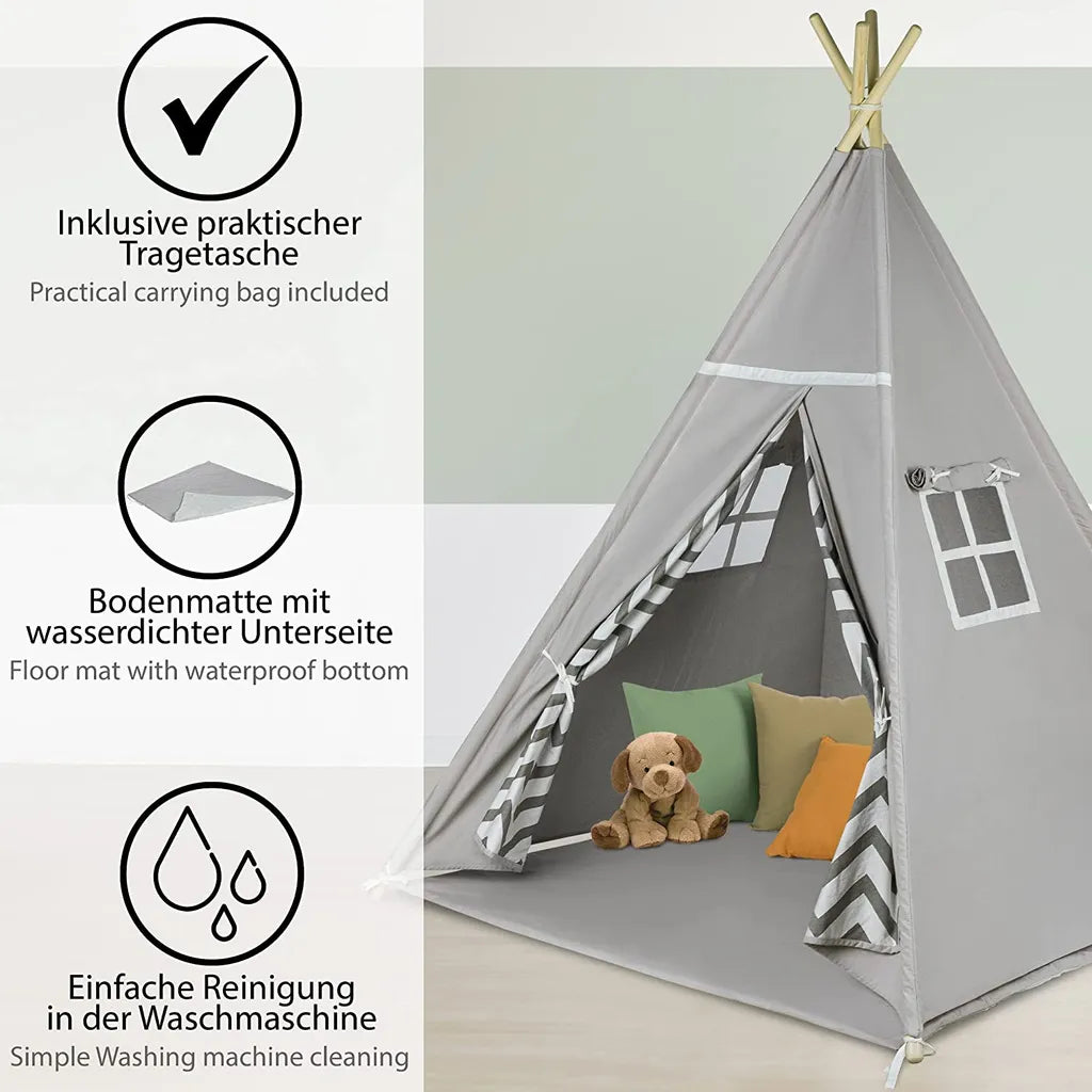  ONVAYA® Tipi Kinderzelt | Spielzelt Für Kinderzimmer & Garten | Tipi-Zelt Für Kinder | Mit Gemütlicher Bodenmatte | Indoor & Outdoor | Aus Holz & Baumwolle | Grau