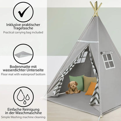  ONVAYA® Tipi Kinderzelt | Spielzelt Für Kinderzimmer & Garten | Tipi-Zelt Für Kinder | Mit Gemütlicher Bodenmatte | Indoor & Outdoor | Aus Holz & Baumwolle | Grau