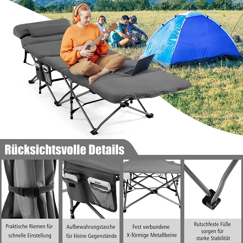  COSTWAY Feldbett Klappbar 190x67x53cm Campingbett Bis 150 Kg Belastbar Klappbett Mit Matratze, Kissen & Seitentasche, Tragbares Campingliege Inkl. Tragetasche Für Camping & Strand Grau