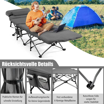  COSTWAY Feldbett Klappbar 190x67x53cm Campingbett Bis 150 Kg Belastbar Klappbett Mit Matratze, Kissen & Seitentasche, Tragbares Campingliege Inkl. Tragetasche Für Camping & Strand Grau
