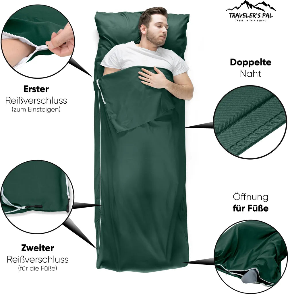  Traveler's Pal Hüttenschlafsack Aus 100% Baumwolle - Schlafsack Mit Reißverschluss An Seite Und Fußende - Leichter Und Dünner Inlett Sommerschlafsack Atmungsaktiv Und Hautfreundlich Patinagrün