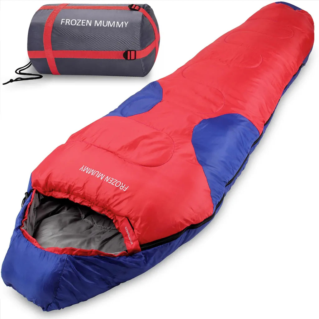  Monzana Schlafsack FROZEN MUMMY Mumienschlafsack 230x82cm Von -21°C Bis 2°C Deckenschlafsack Campingschlafsack Farbwahl, Farbe:dunkelblau-dunkelrot
