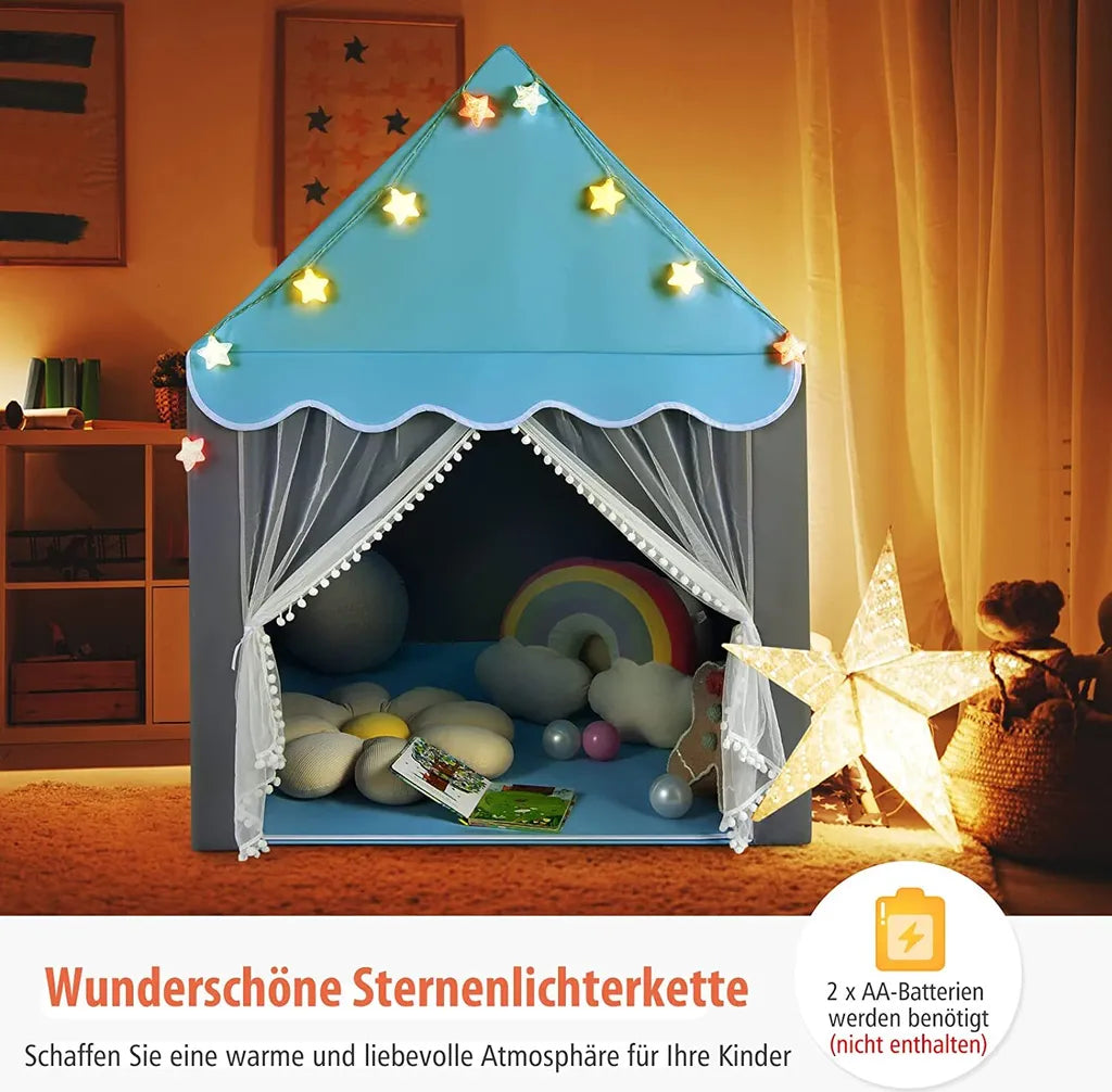  COSTWAY Kinderspielhaus Mit Sternenlichter, Prinzessin Prinzess Kinderzelt Mit Fenster & Matte, Spielzelt Mit Doppeltem Vorhang, Kinderspielzelt, Kinderspielburg Für Jungen Und Märchen (Blau)