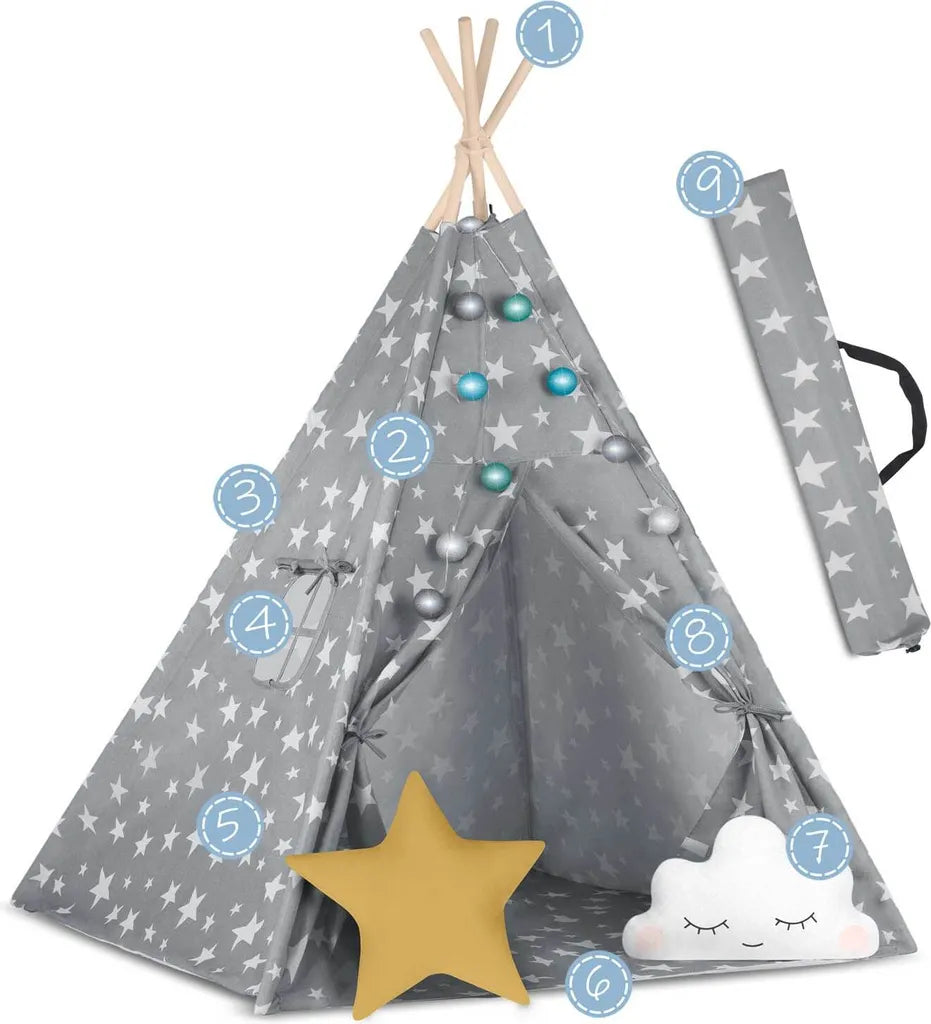  Tipi Zelt Spielzelt Baumwolle Kinderzelt Mit 2 Kissen Matratze Beleuchtung - Grau Mit Sternen