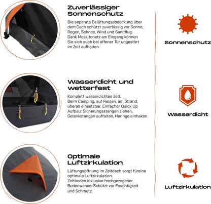  Where Tomorrow 2-Personen-Kompakt-Zelt - Pop Up Wurfzelt Trekkingzelt - 245x160x95 Cm - Grau