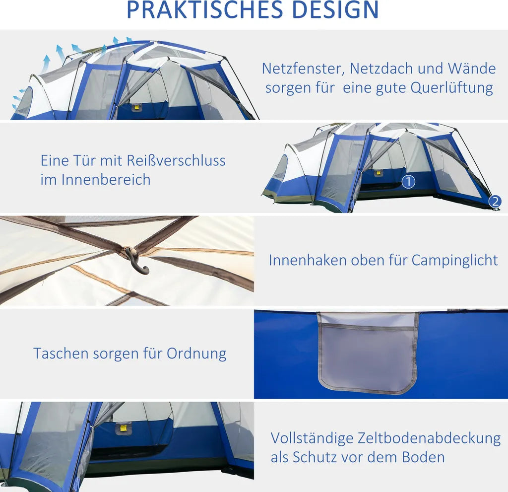  Outsunny Camping Zelt 6-8 Personen Zelt Familienzelt Mit Vorraum 2 Fenster Kuppelzelt PU3000mm Für Trekking Festival Glasfaser Blau 518 X 487 X 237 Cm