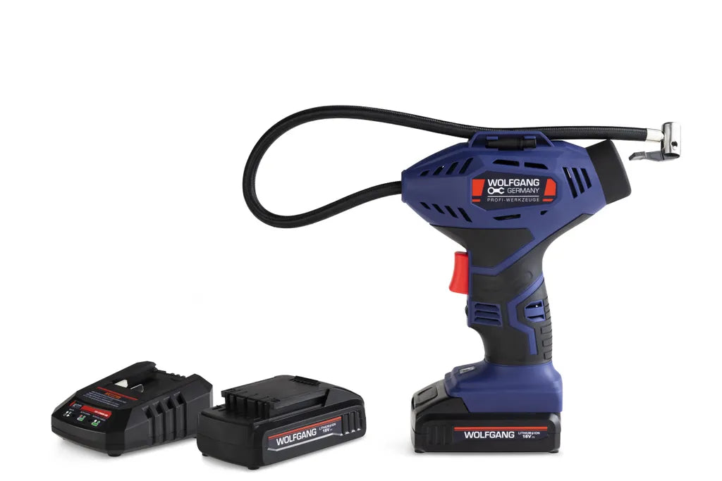  WOLFGANG Druckluft Kompressor Mini 18 V, Elektrische Akku Luftpumpe, 7,5 Bar / 100 Psi, 1300 MAh Li-Ion Akku, Für Auto, Fahrrad, Motorrad, Luftmatratze & Bälle