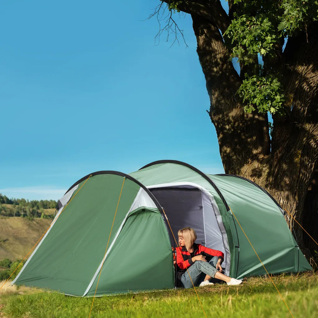 Outsunny Zelt Für 3-4 Personen 190T Tunnelzelt Campingzelt Mit Heringen Glasfaser Polyester Dunkelgrün 426 X 206 X 154 Cm