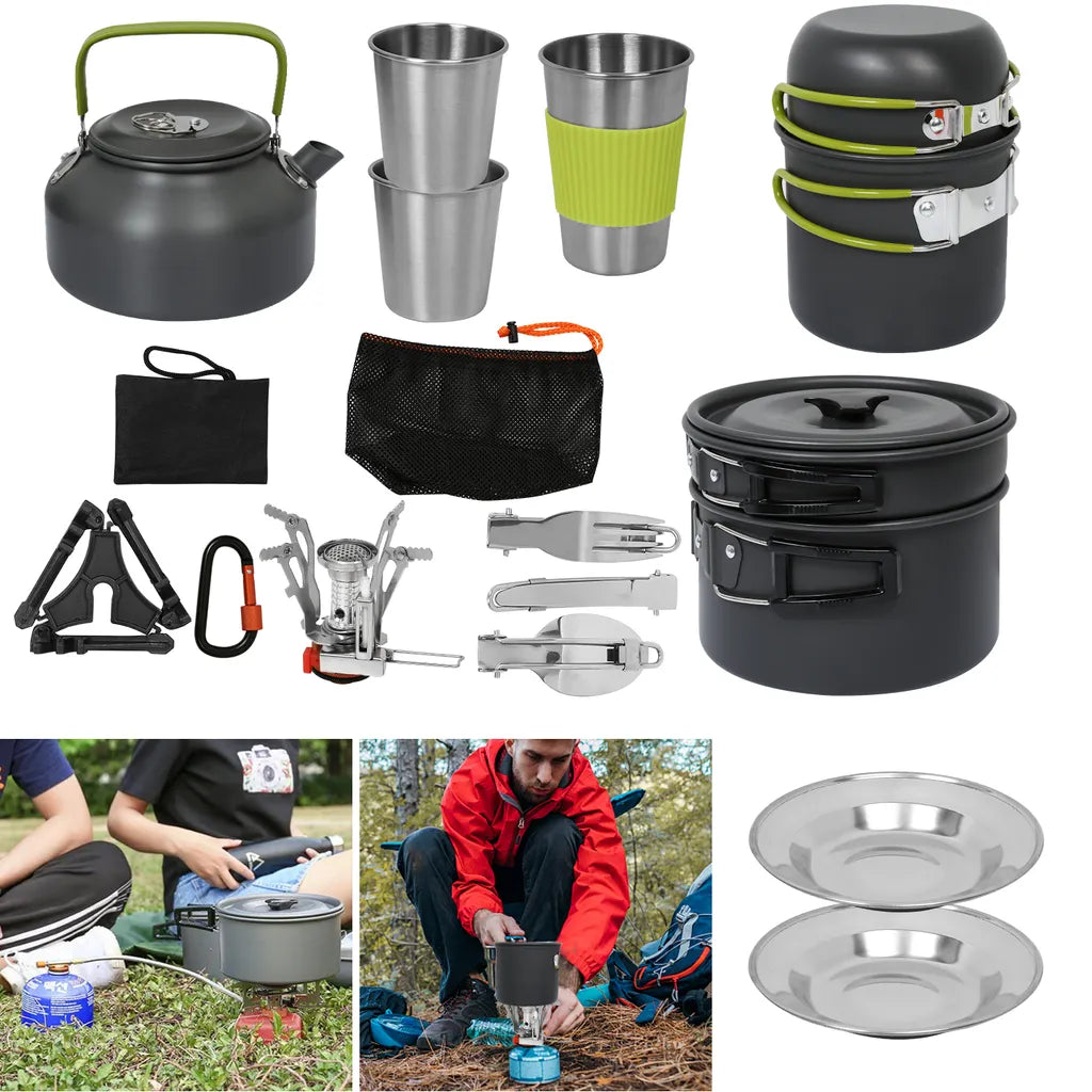  Wolketon 12x Camping Kochgeschirr Reisebesteck 2-3Person Kochtopf Kochset Essgeschirrset