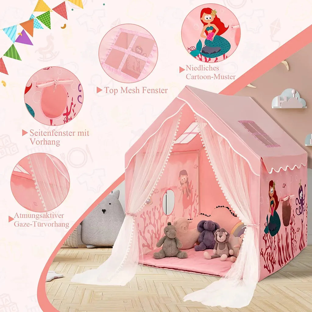  COSTWAY Großes Kinderzelt, Indoor-Spielzelt Mit Gepolsterter Matte, Türvorhang, Atmungsaktive Netzfenster, Bunte Dekorative Muster, Geschenk Für Kinder Ab 1 Jahr, 121 X 105 X 137 Cm Rosa