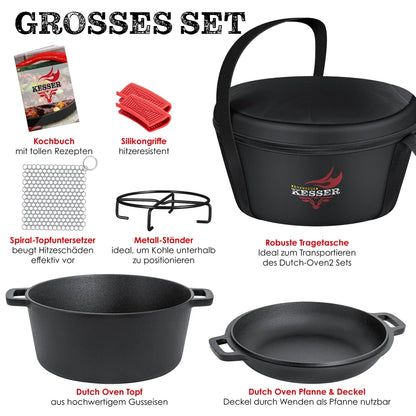  KESSER® Dutch Oven 2in1 Gusseisen Topf 4,8L Und Pfanne 1,8L Einsatzfertig Eingebrannt Inkl. Kochbuch Schmortopf Doppelfunktion Deckel/Bratpfanne Für Küche Camping Garten BBQ Backen Gasgrill, Farbe:Schwarz