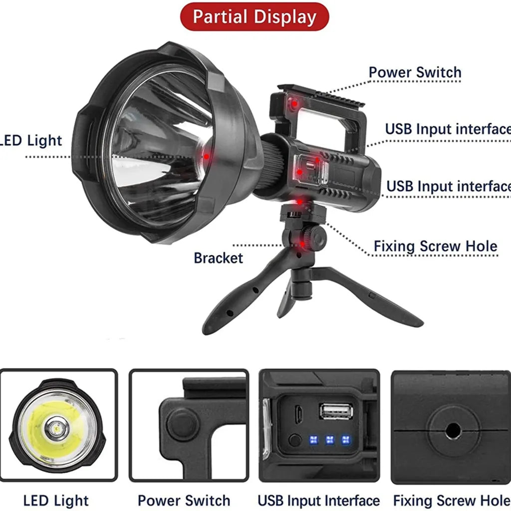  90000 Lumens Wiederaufladbare LED Scheinwerfer Taschenlampe Suchscheinwerfer Mit Stativ & USB-Ausgang
