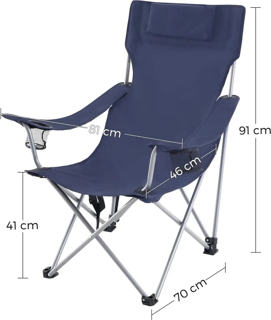  SONGMICS Campingstuhl, Klappstuhl, Outdoor-Stuhl Mit Armlehnen, Kopfstütze Und Getränkehaltern, Stabiles Gestell, Bis 150 Kg Belastbar, Dunkelblau GCB09IN