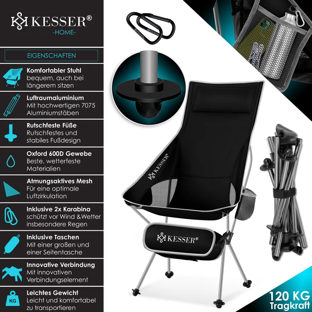  KESSER® Campingstuhl Faltbar Klappbar Mit Hoher Rückenlehne Tragbar Angel Stuhl Camping Stuhl Faltstuhl Bis 120 Kg Strandstuhl Angelstuhl Klapphocker Mit Getränkehalter , Outdoor Stuhl, Farbe:Schwarz / Grau
