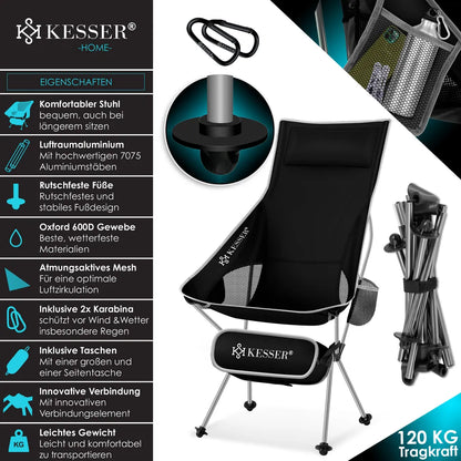  KESSER® Campingstuhl Faltbar Klappbar Mit Hoher Rückenlehne Tragbar Angel Stuhl Camping Stuhl Faltstuhl Bis 120 Kg Strandstuhl Angelstuhl Klapphocker Mit Getränkehalter , Outdoor Stuhl, Farbe:Schwarz / Grau