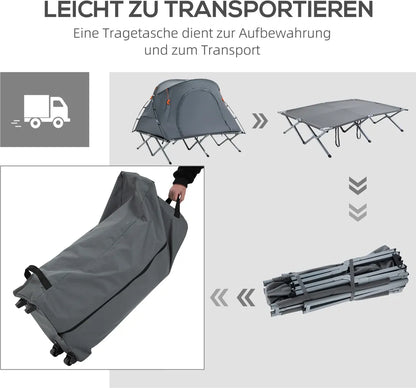  Outsunny Campingbett Mit Zelt Erhöhtes Feldbett Für 2 Person Kuppelzelt Mit Luftmatratze Inkl. Tragetasche Grau 200 X 146 X 159 Cm