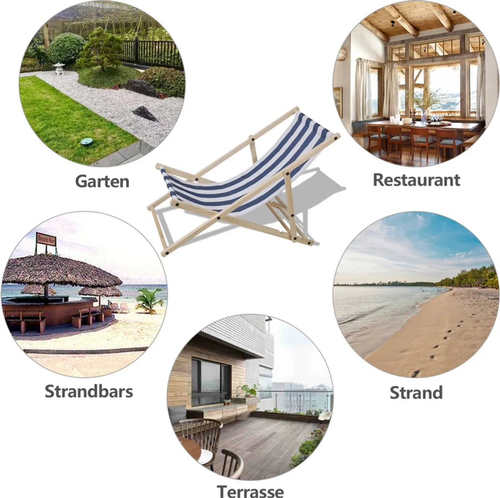  Karpal Klappbar Holzliegestuhl Campingstuhl Abnehmbarem Strandliege Fuer Den Garten, Terrasse Und Balkon 120 Kg Max.(Blau-Weiss-gestreift)