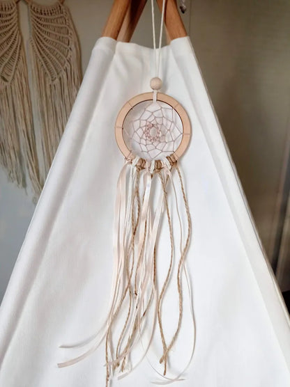  Boho Kinder Spielzelt Wigwam Creme Weiß Bodenmatte Pompons 3 Kissen 110x110x150cm Tipi Teepee