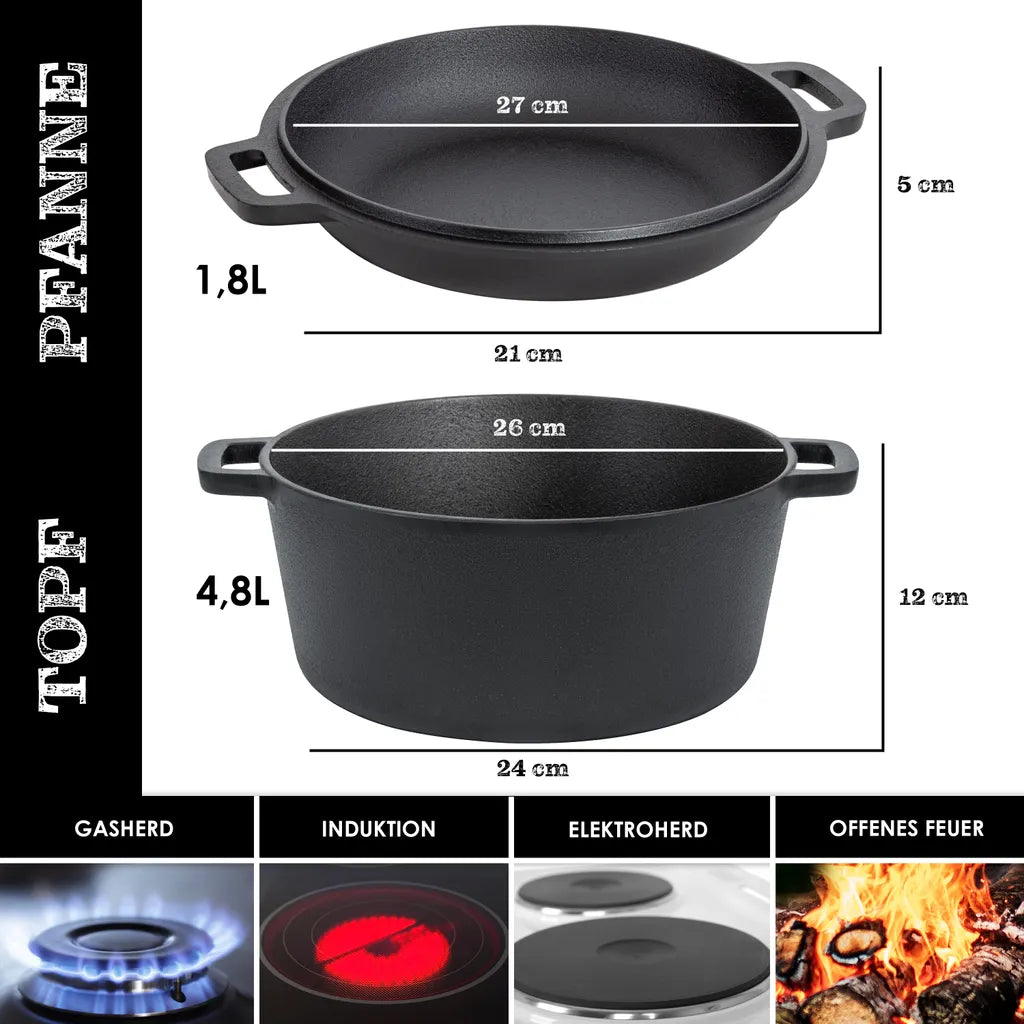  KESSER® Dutch Oven 2in1 Gusseisen Topf 4,8L Und Pfanne 1,8L Einsatzfertig Eingebrannt Inkl. Kochbuch Schmortopf Doppelfunktion Deckel/Bratpfanne Für Küche Camping Garten BBQ Backen Gasgrill, Farbe:Schwarz