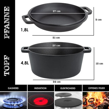  KESSER® Dutch Oven 2in1 Gusseisen Topf 4,8L Und Pfanne 1,8L Einsatzfertig Eingebrannt Inkl. Kochbuch Schmortopf Doppelfunktion Deckel/Bratpfanne Für Küche Camping Garten BBQ Backen Gasgrill, Farbe:Schwarz
