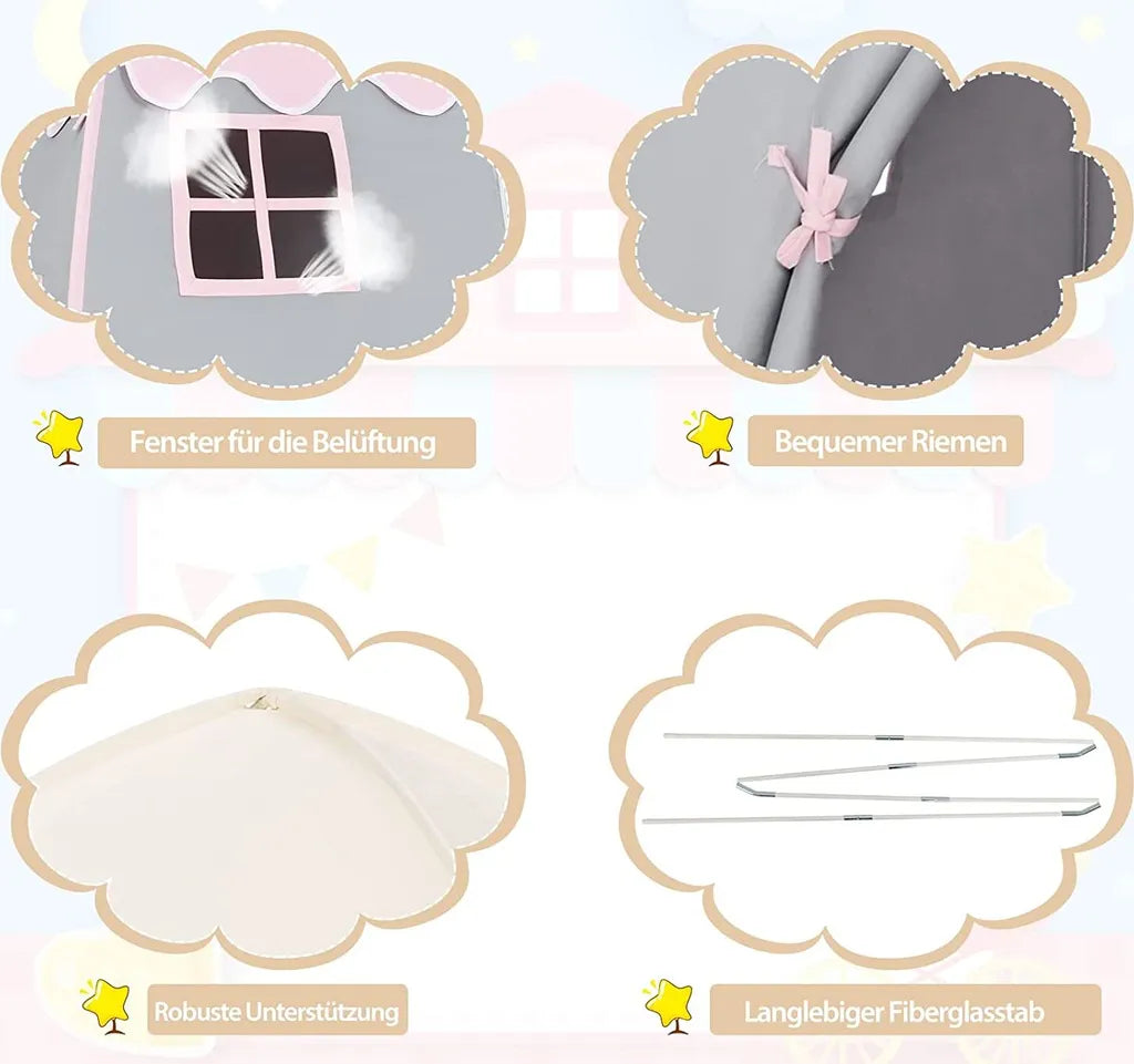  COSTWAY Kinderzelt, Großes Prinzessinnenzelt Mit Tragetasche, Anti-Rutsch-Matte, Reißverschluss-Design, Atmungsaktive Fenster, Tragbares Spielzelt Für Jungen Und Mädchen Ab 3 Jahren Beige