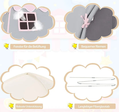  COSTWAY Kinderzelt, Großes Prinzessinnenzelt Mit Tragetasche, Anti-Rutsch-Matte, Reißverschluss-Design, Atmungsaktive Fenster, Tragbares Spielzelt Für Jungen Und Mädchen Ab 3 Jahren Beige