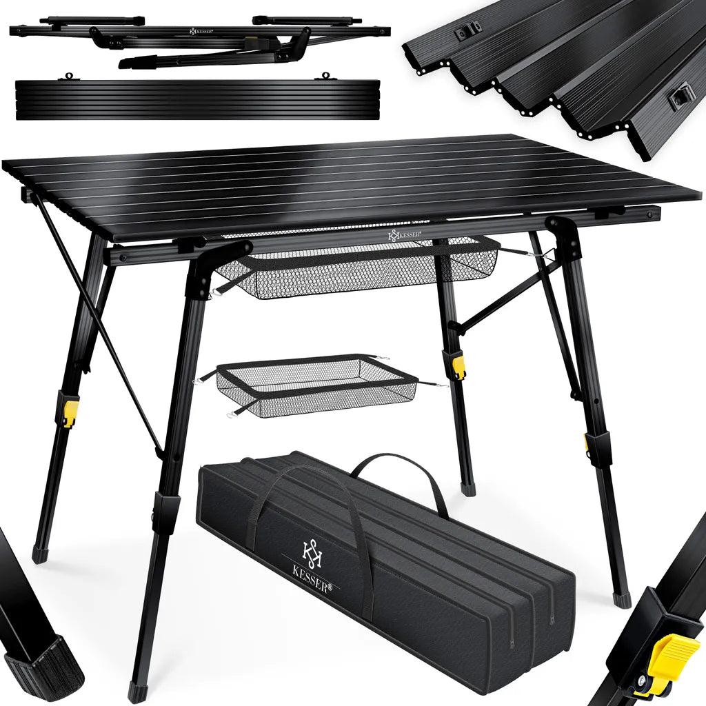  KESSER® Campingtisch Faltbar Klapptisch Camping Tisch Mit Aluminiumrahmen Aufrollbare Tischplatte Falttisch Klappbar Mit Höhenverstellung Inkl. Tragetasche Mit Trageband 90 X 53cm - Bis 30 Kg, Farbe:Schwarz