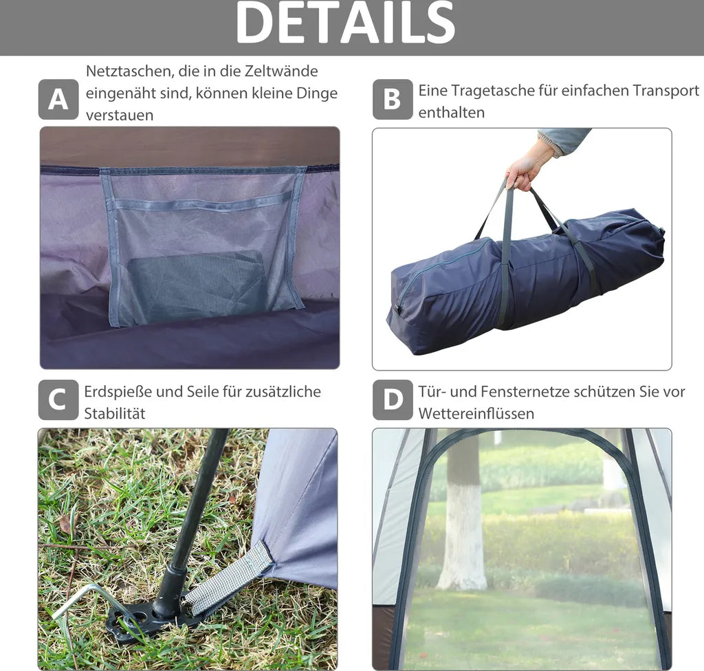  Outsunny Camping Zelt 3-4 Personen Zelt Familienzelt Kuppelzelt 210T PU3000mm Einfache Einrichtung Für Familien Trekking Festival Stahl Glasfaser Grün+Grau 240 X 240 X 195 Cm
