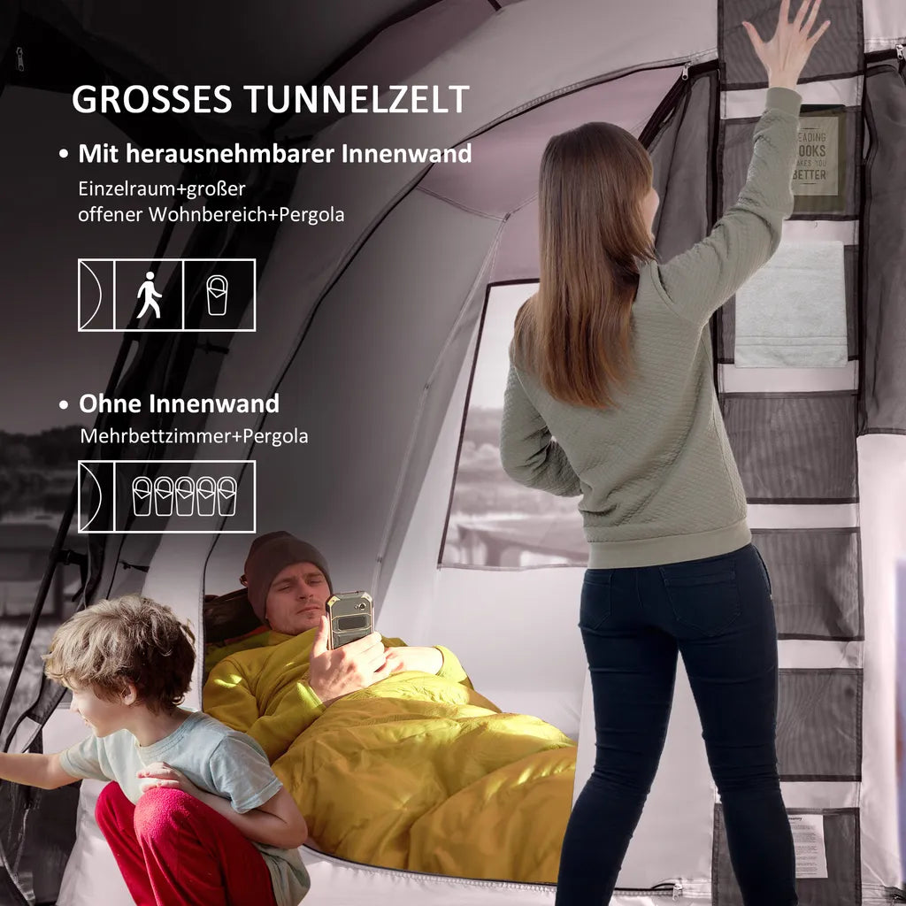  Outsunny Camping Zelt 8 Personen Zelt Tunnelzelt Mit Vorraum 4 Fenster Familienzelt PU3000mm Für Trekking Festival Glasfaser Dunkelgrau 580 X 320 X 215 Cm