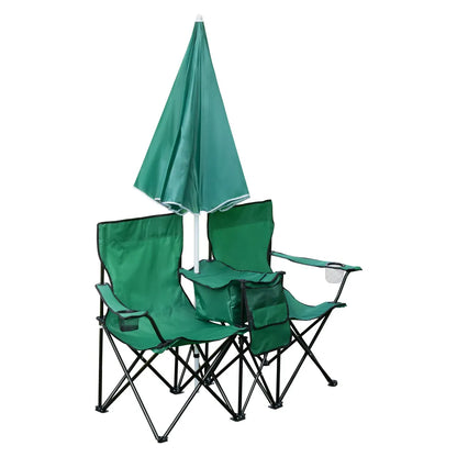  2er Partner Anglerstuhl Campingstuhl Mit Sonnenschirm Und Kühlfach, Farbe:Grün