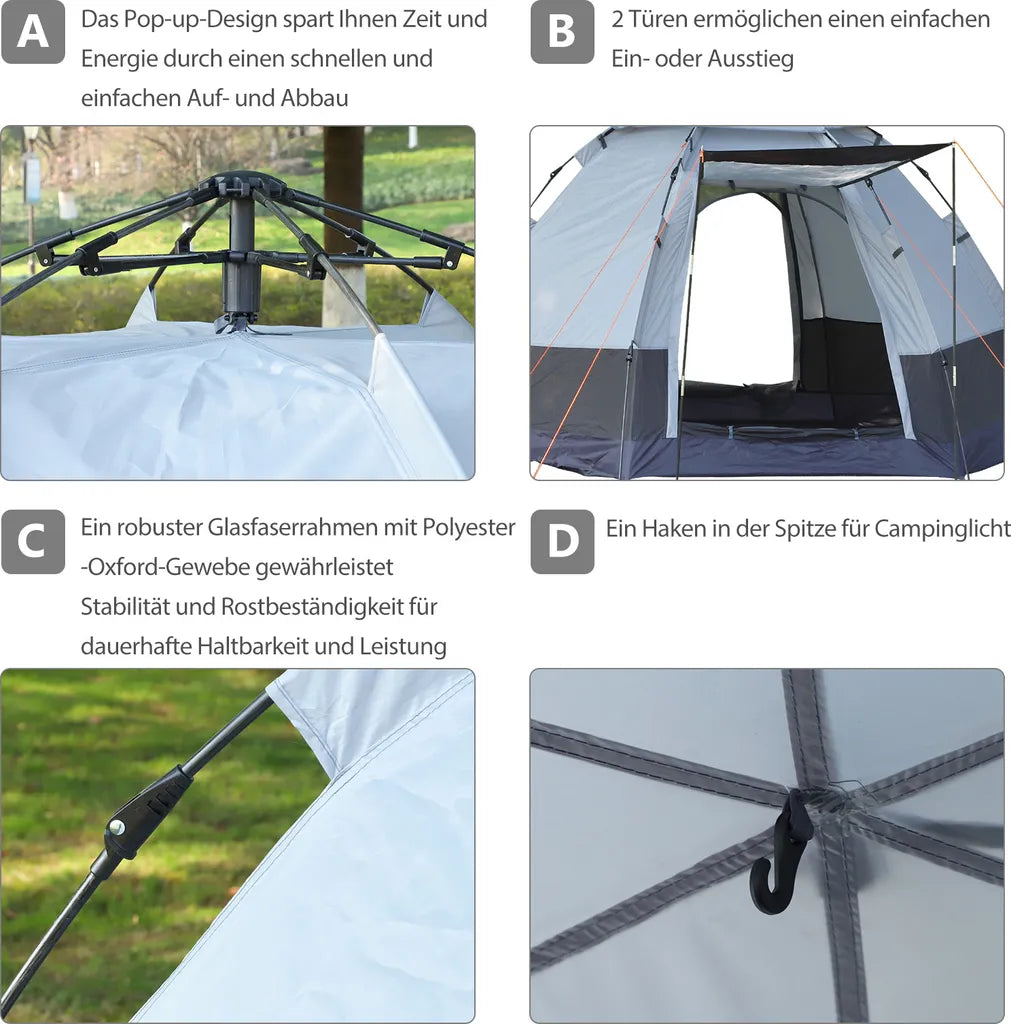  Outsunny Camping Zelt 3-4 Personen Zelt Familienzelt Kuppelzelt 210T PU3000mm Einfache Einrichtung Für Familien Trekking Festival Stahl Glasfaser Grün+Grau 240 X 240 X 195 Cm