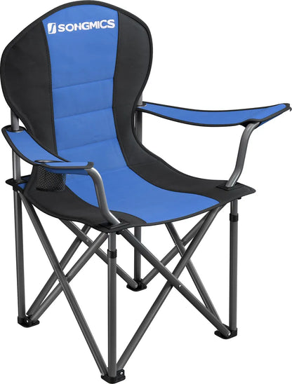  SONGMICS Campingstuhl, Klappbar, Klappstuhl, Komfortabler Mit Schaumstoff Gepolsterter Sitz, Mit Flaschenhalter, Hoch Belastbar, Max. Belastbarkeit 250 Kg, Outdoor Stuhl, Blau GCB06BU