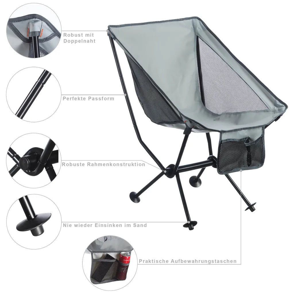  Moon Chair Campingstuhl - Faltbarer Campinghocker Moonchair - Extrem Leicht & Kompakt - Grau