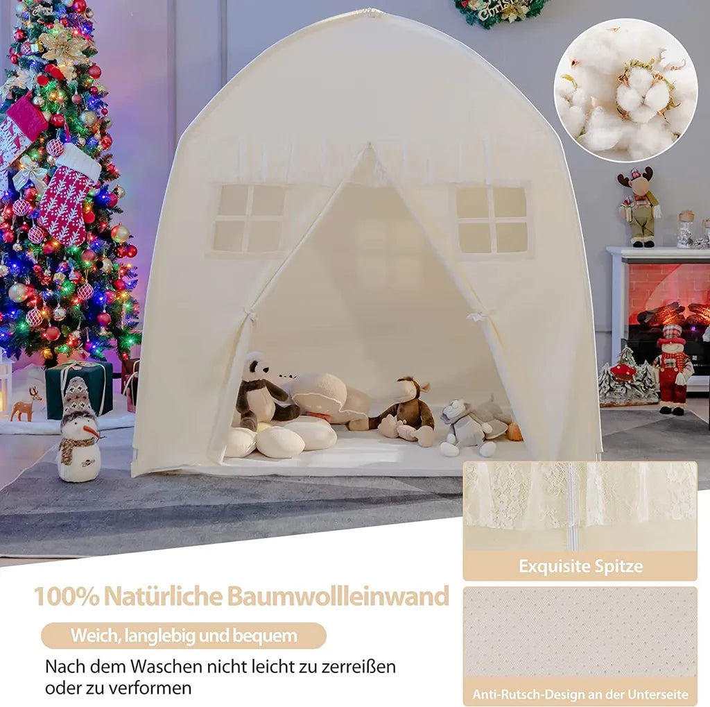  COSTWAY Kinderzelt, Großes Prinzessinnenzelt Mit Tragetasche, Anti-Rutsch-Matte, Reißverschluss-Design, Atmungsaktive Fenster, Tragbares Spielzelt Für Jungen Und Mädchen Ab 3 Jahren Beige