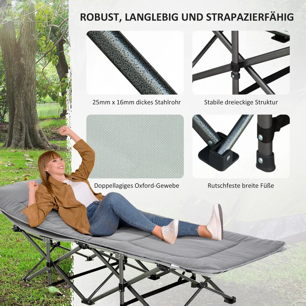  Outsunny Campingbett Klappbar Feldbett Klappbett Mit Kopfkissen Seitentasche Matratze Gästebett Bis 150 Kg Belastbar Reisen Outdoor Oxford Hellgrau 188 X 64,5 X 53 Cm