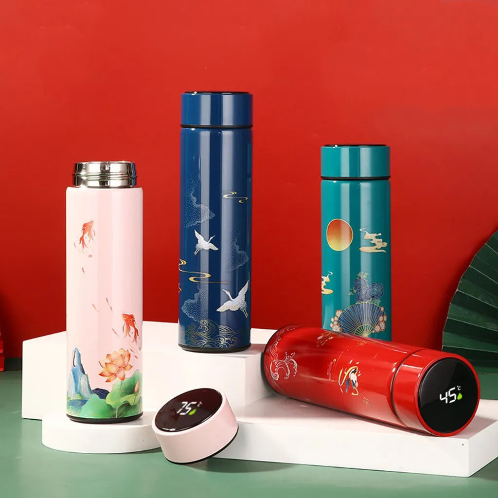  Fine Asianliving Insulated Water Bottle Stainless Steel 500ml Smart LED Temperature Touch Screen Red Cranes